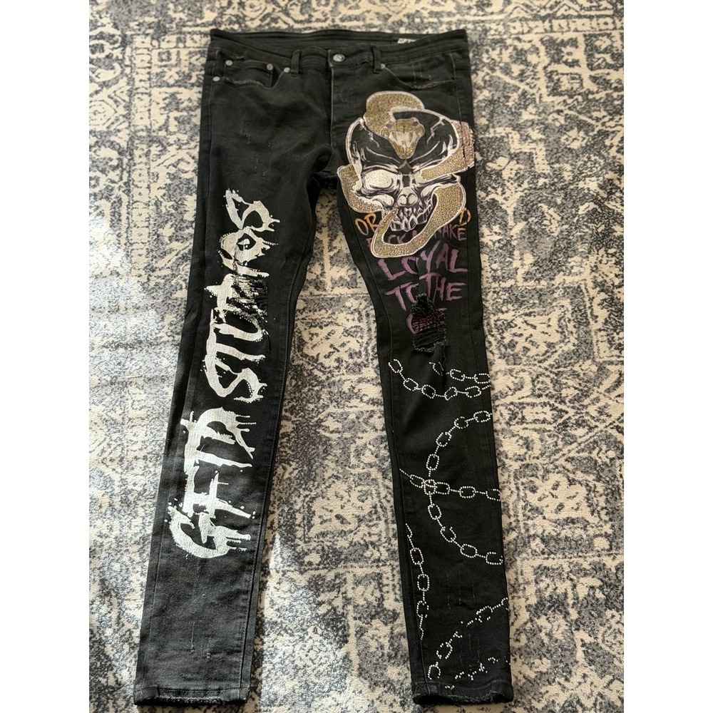 Denim GTFD LA Los Angeles SZ 34 Skinny Jeans Black Distressed Graffiti Paint